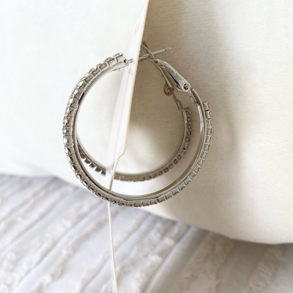 Rhinestone Diamond Hoop Sparkly Silver Earrings New - Picture 4 of 5
